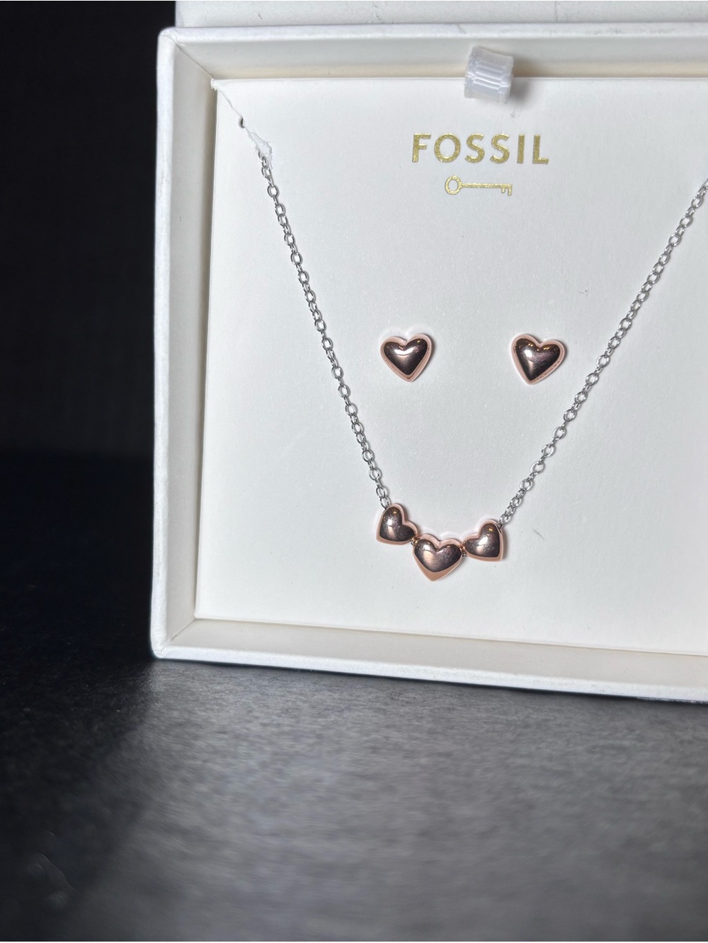 FOSSIL NWT Rose Gold Heart Necklace and Stud Earring Set